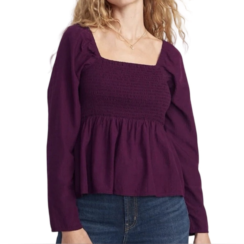 Old Navy Seersucker Smocked Babydoll Blouse Back Cutout Plumeria Purple Medium